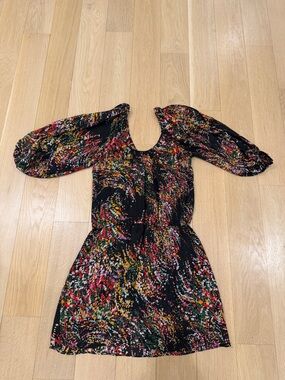 Parker Black Multi-Color Abstract Puff-Sleeve Mini Dress